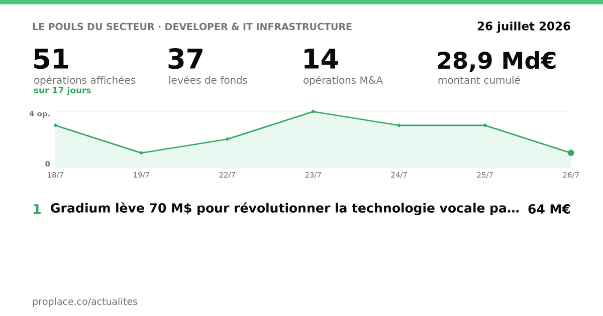 Le pouls du secteur Developer & IT Infrastructure — chiffres clés et opérations par jour